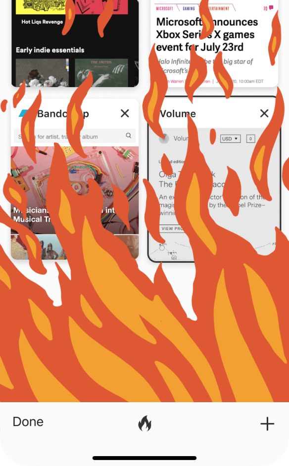 Mobile phone with flame animation, clearing tabs and browsing data