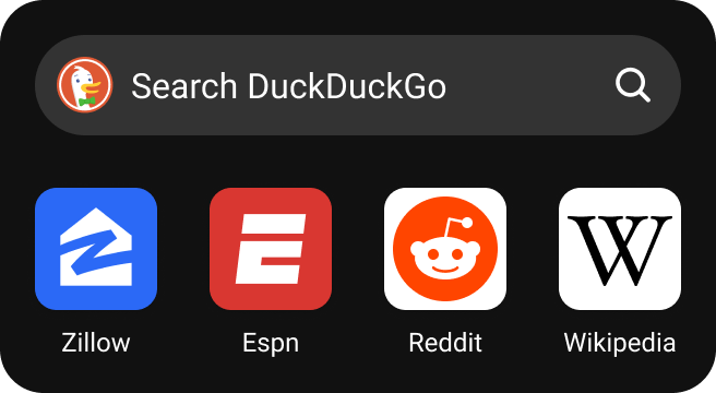 Large DuckDuckGo mobile app widget, with bookmarks and searchbox