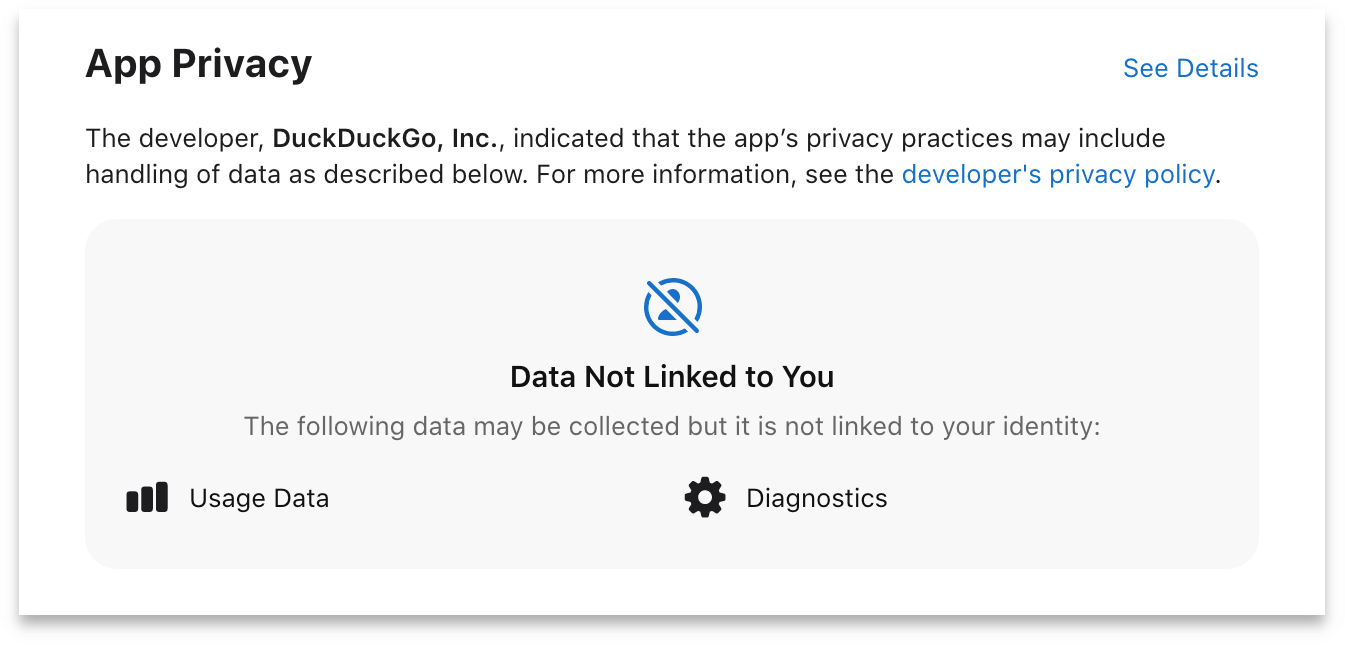Screenshot of the DuckDuckGo app privacy label.