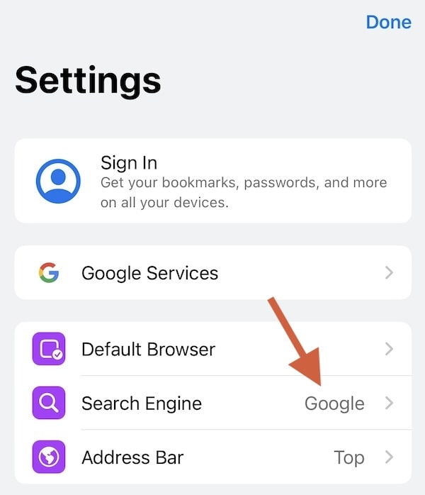 Chrome iOS settings