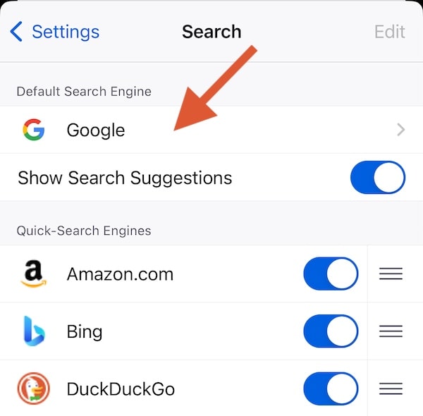 Firefox iOS default search engine
