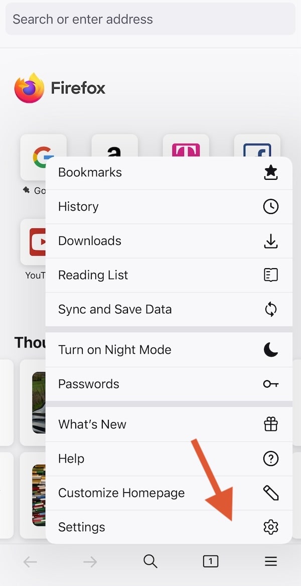 Firefox iOS select settings