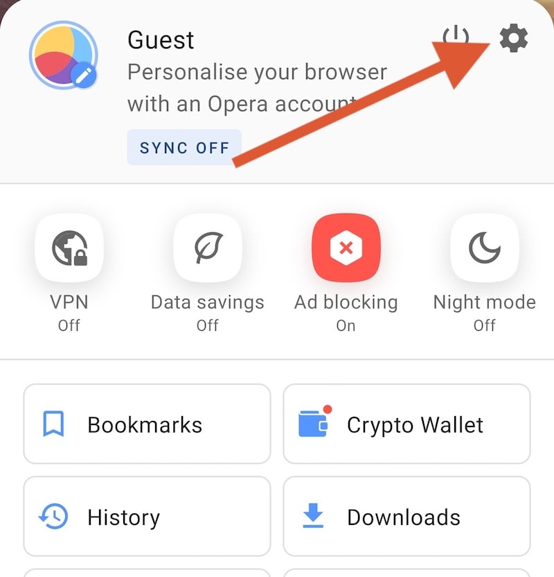 Opera Android menu