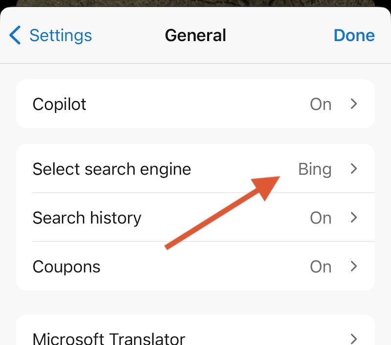Microsoft Edge iOS select search engine